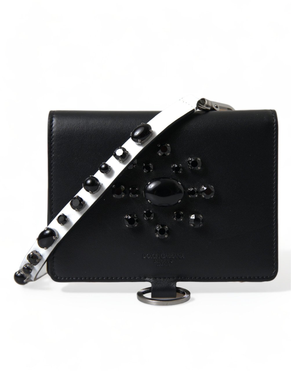 Dolce & Gabbana Black Leather Crystal Embellished Card Holder Wallet Zwart