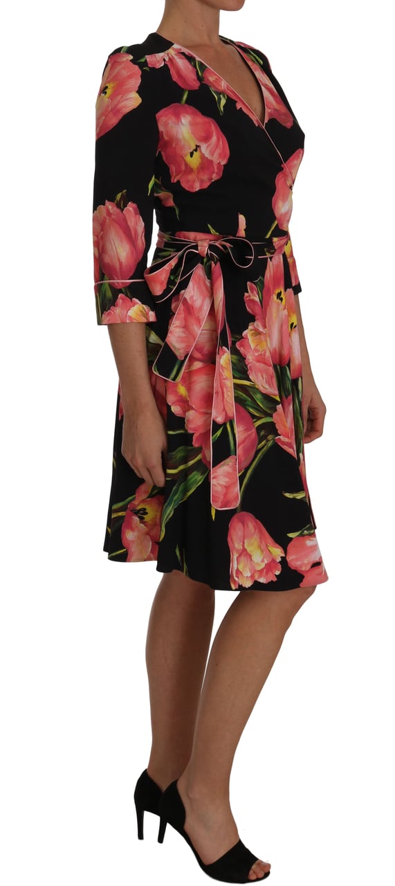 Dolce & Gabbana Black Pink Tulip Print Stretch Shift Dress Zwart