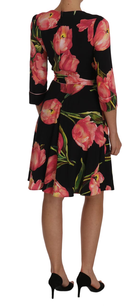 Dolce & Gabbana Black Pink Tulip Print Stretch Shift Dress Zwart