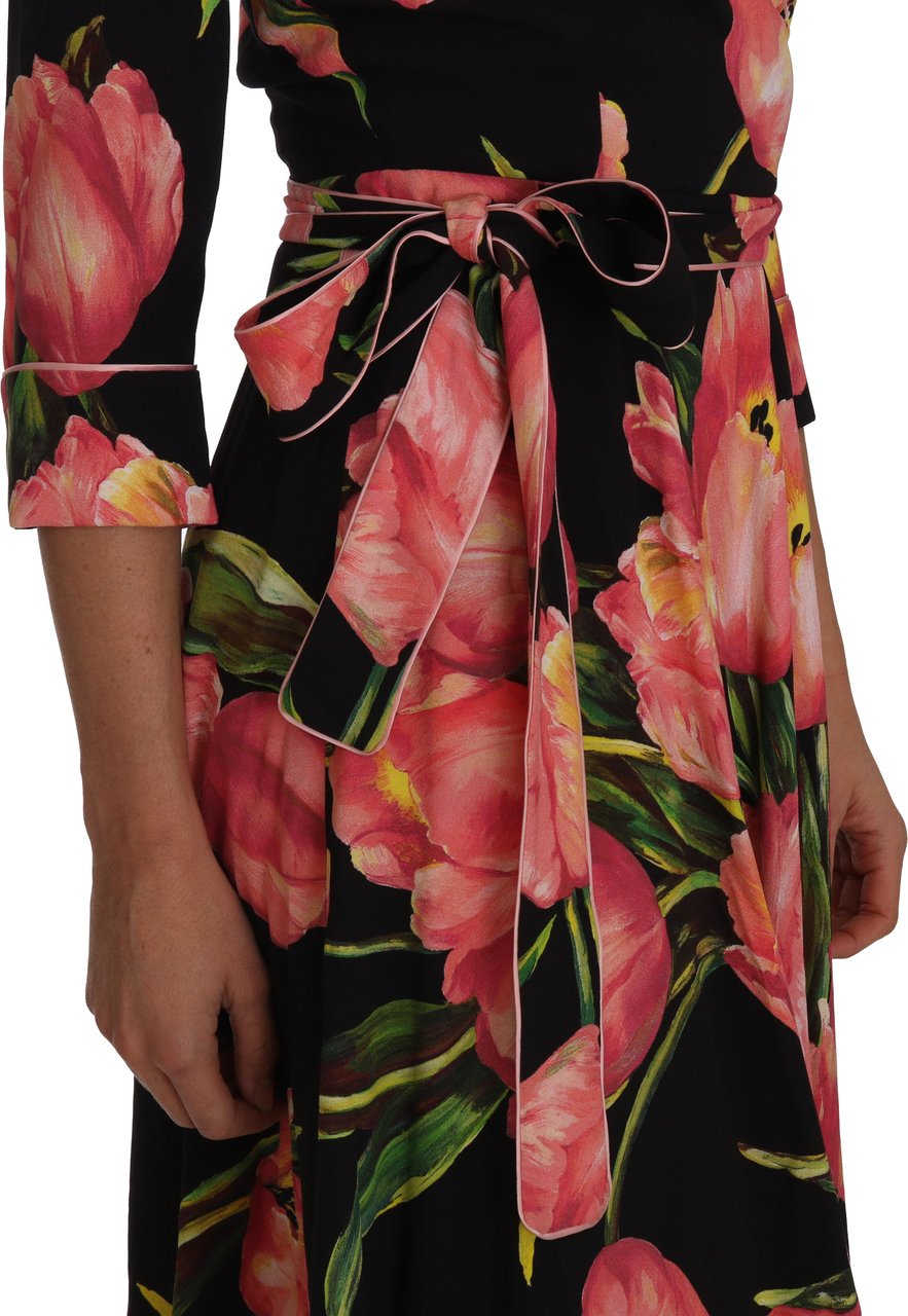 Dolce & Gabbana Black Pink Tulip Print Stretch Shift Dress Zwart
