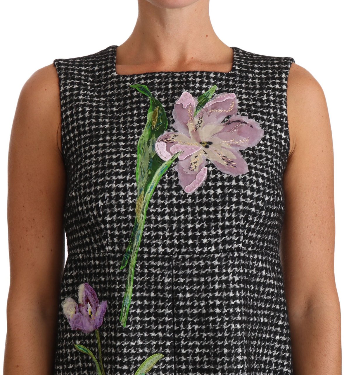 Dolce & Gabbana Gray Houndstooth Floral Appliqué Shift Mini Dress Grijs
