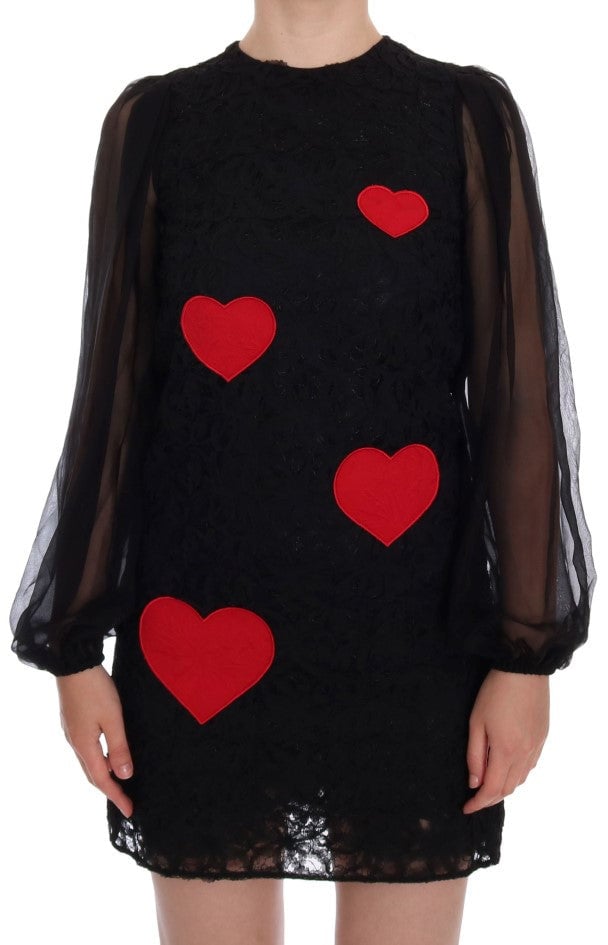 Dolce & Gabbana Black Lace Red Heart Shift Dress Zwart