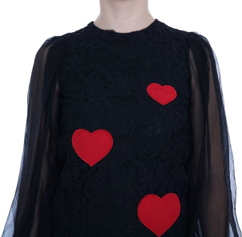 Dolce & Gabbana Black Lace Red Heart Shift Dress Zwart