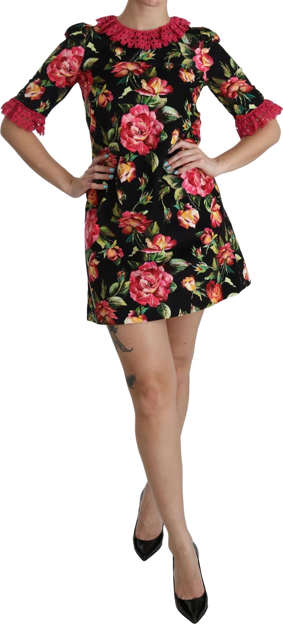Dolce & Gabbana Floral Pink Lace A-Line Shift Mini Dress Zwart