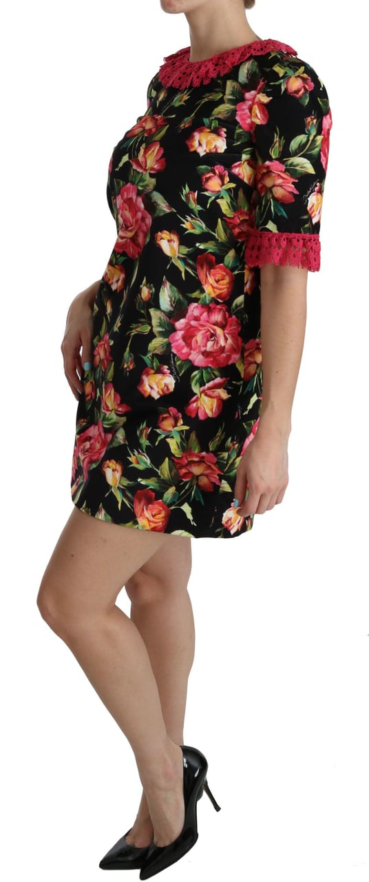 Dolce & Gabbana Floral Pink Lace A-Line Shift Mini Dress Zwart