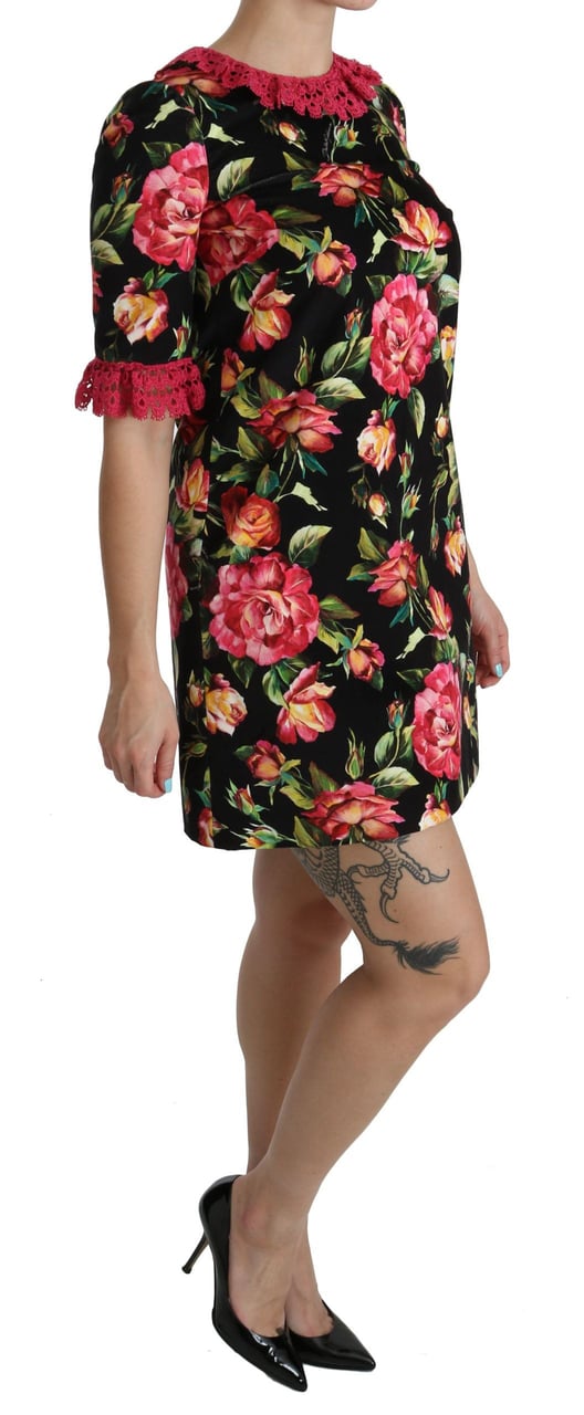 Dolce & Gabbana Floral Pink Lace A-Line Shift Mini Dress Zwart
