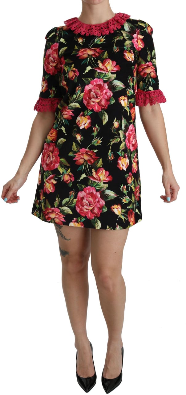 Dolce & Gabbana Floral Pink Lace A-Line Shift Mini Dress Zwart