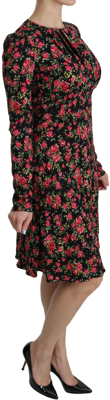 Dolce & Gabbana Black Floral Longsleeve Knee Length Dress Zwart