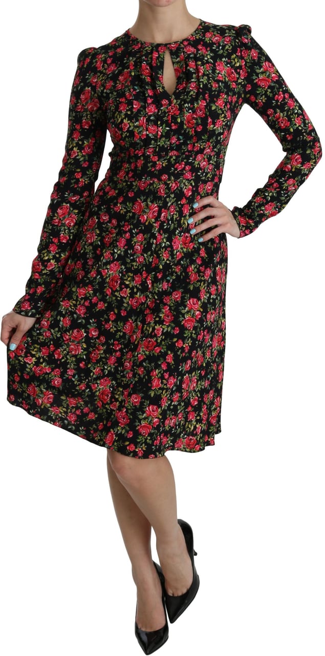 Dolce & Gabbana Black Floral Longsleeve Knee Length Dress Zwart