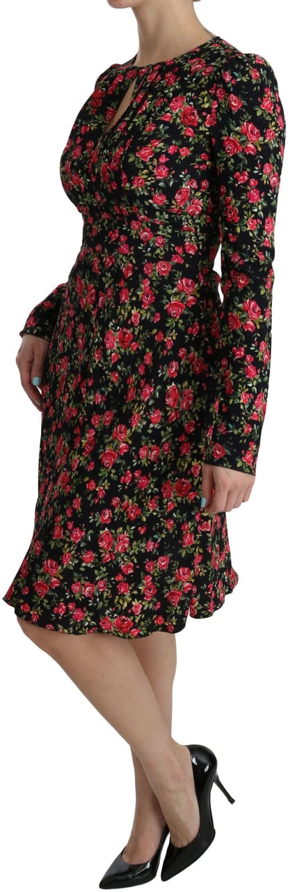 Dolce & Gabbana Black Floral Longsleeve Knee Length Dress Zwart