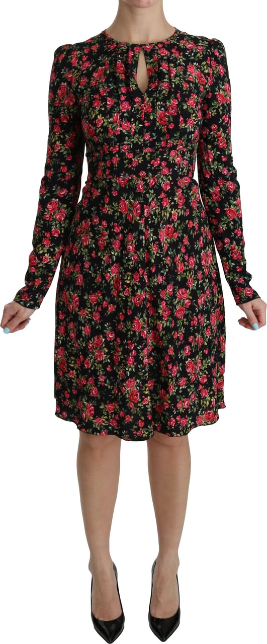 Dolce & Gabbana Black Floral Longsleeve Knee Length Dress Zwart