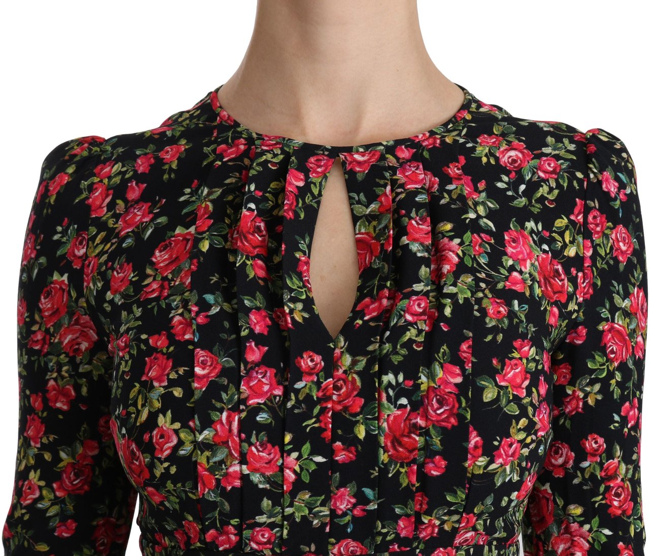 Dolce & Gabbana Black Floral Longsleeve Knee Length Dress Zwart