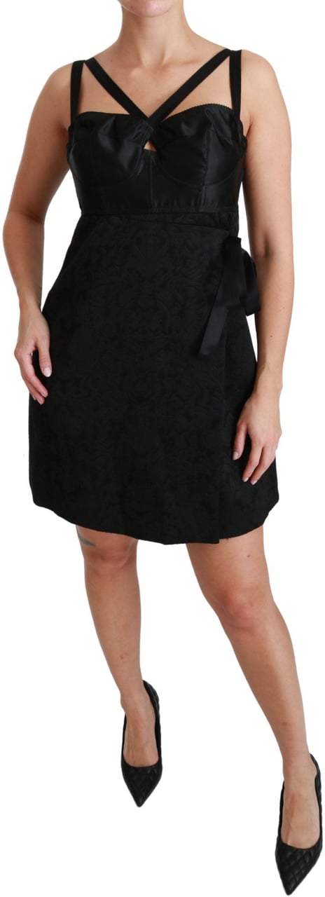 Dolce & Gabbana Black Stretch Satin Jacquard Mini Dress Zwart