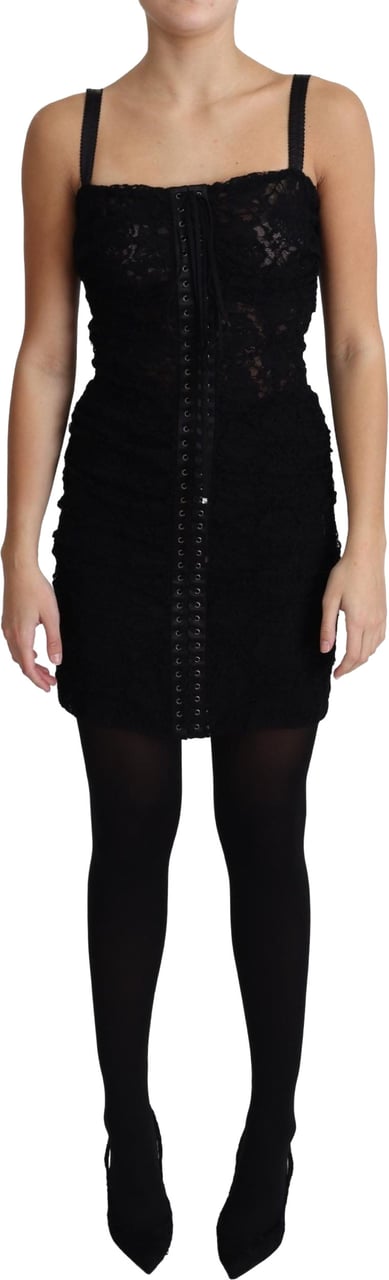 Dolce & Gabbana Black Lace Up Floral Corset Bustier Mini Dress Zwart