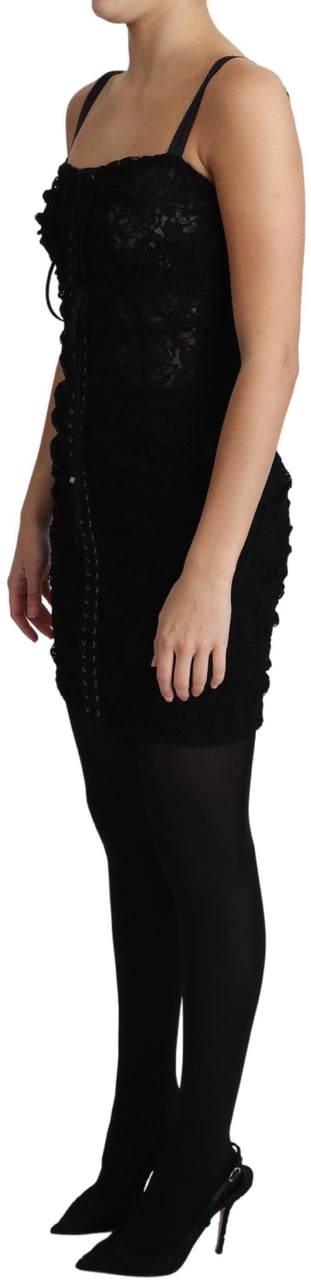 Dolce & Gabbana Black Lace Up Floral Corset Bustier Mini Dress Zwart