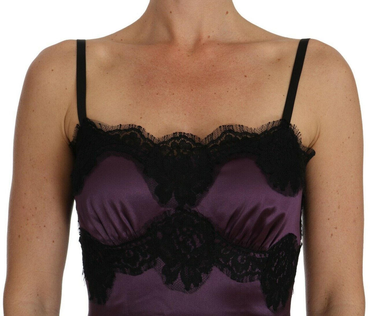 Dolce & Gabbana Purple Silk Stretch Black Lace A-Line Dress Divers