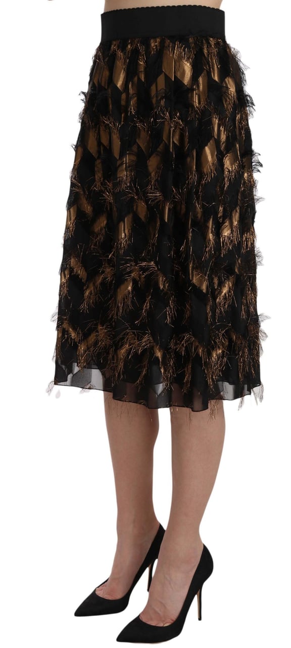 Dolce & Gabbana Black Gold Fringe Metallic Pencil A-line Skirt Zwart