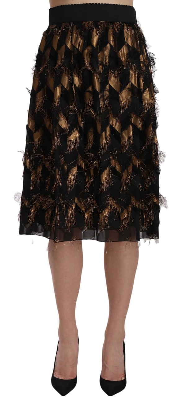 Dolce & Gabbana Black Gold Fringe Metallic Pencil A-line Skirt Zwart