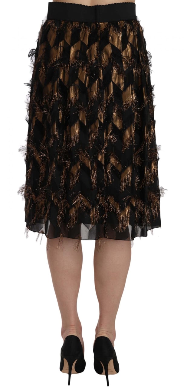 Dolce & Gabbana Black Gold Fringe Metallic Pencil A-line Skirt Zwart