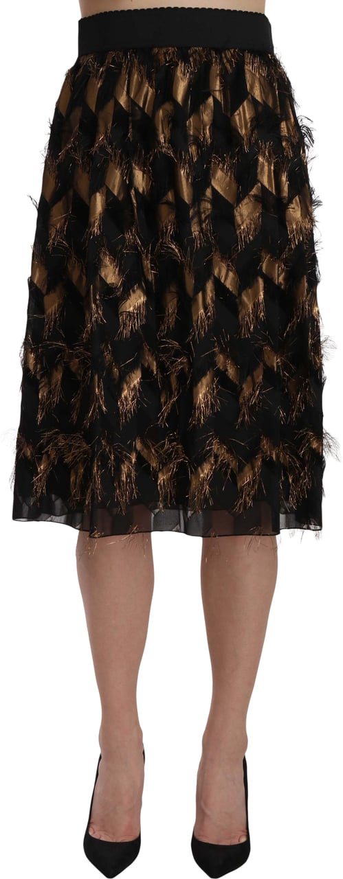 Dolce & Gabbana Black Gold Fringe Metallic Pencil A-line Skirt Zwart