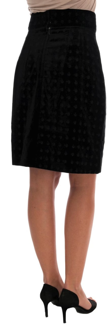 Dolce & Gabbana Dark Green Baroque Velvet Pencil Skirt Groen
