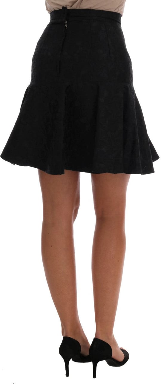 Dolce & Gabbana Black Floral Jacquard Silk A-Line Skirt Zwart