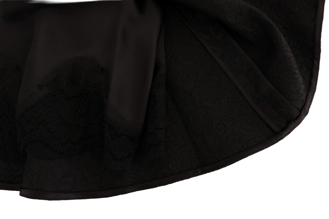 Dolce & Gabbana Black Floral Jacquard Silk A-Line Skirt Zwart