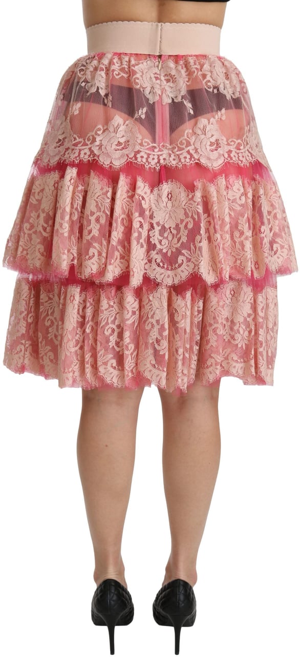 Dolce & Gabbana Pink Lace Layered High Waist Knee Length Skirt Roze