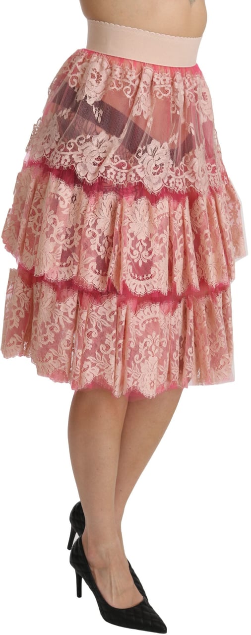 Dolce & Gabbana Pink Lace Layered High Waist Knee Length Skirt Roze
