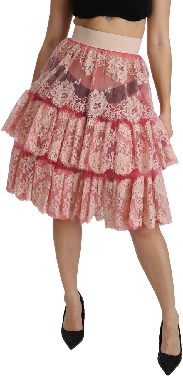 Dolce & Gabbana Pink Lace Layered High Waist Knee Length Skirt Roze