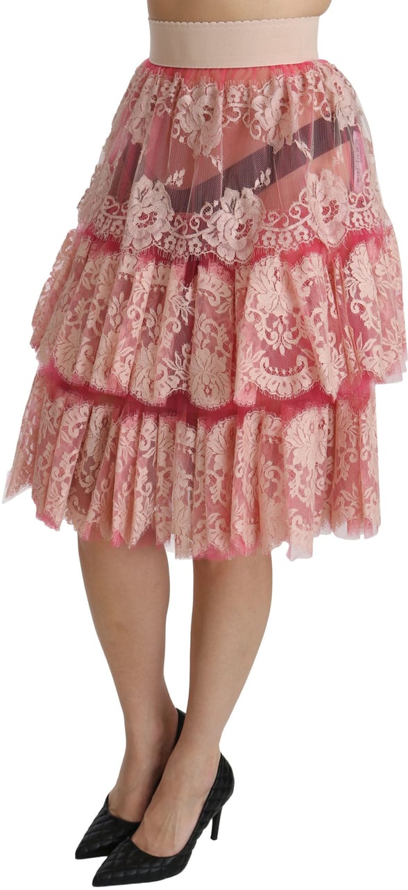 Dolce & Gabbana Pink Lace Layered High Waist Knee Length Skirt Roze