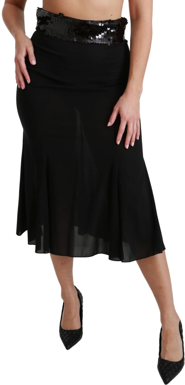 Dolce & Gabbana Black High Waist Mermaid Midi Silk Skirt Zwart