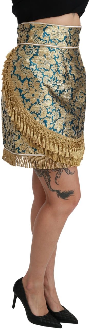 Dolce & Gabbana Blue High Waist Jacquard Tassel Gold Skirt Goud