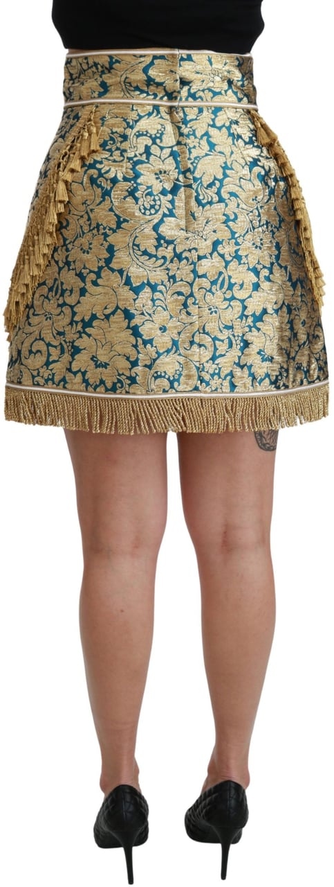 Dolce & Gabbana Blue High Waist Jacquard Tassel Gold Skirt Goud
