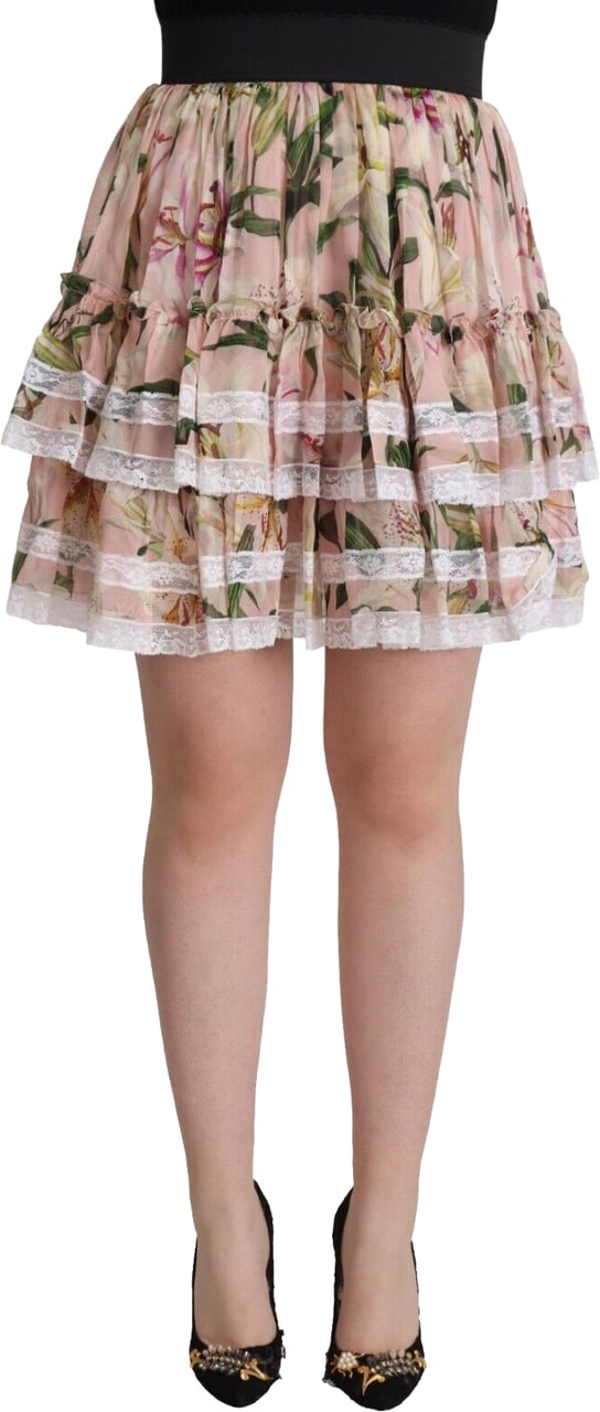 Dolce & Gabbana Pink Lily Print Silk Mini Tiered A-line Skirt Roze