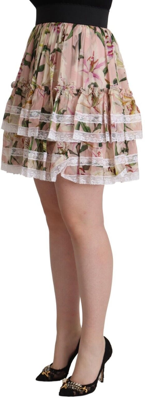 Dolce & Gabbana Pink Lily Print Silk Mini Tiered A-line Skirt Roze