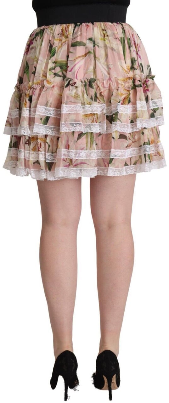 Dolce & Gabbana Pink Lily Print Silk Mini Tiered A-line Skirt Roze