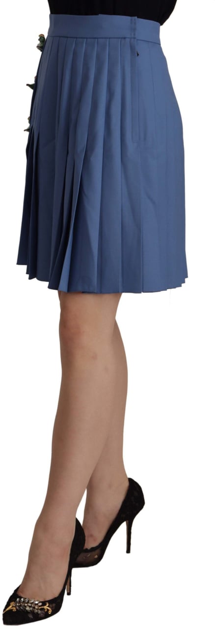 Dolce & Gabbana Blue Embellished Pleated Mini Skirt Wool Blauw