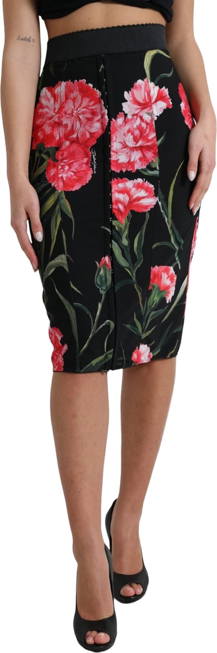 Dolce & Gabbana Black Carnation Pencil Cut Knee Length Skirt Zwart