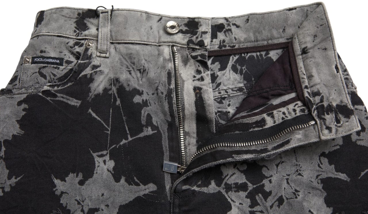 Dolce & Gabbana Black Gray Lace Cotton High Waist Denim Mini Skirt Zwart