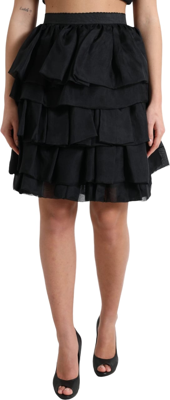 Dolce & Gabbana Black Tiered Aline High Waist Silk Mini Skirt Zwart