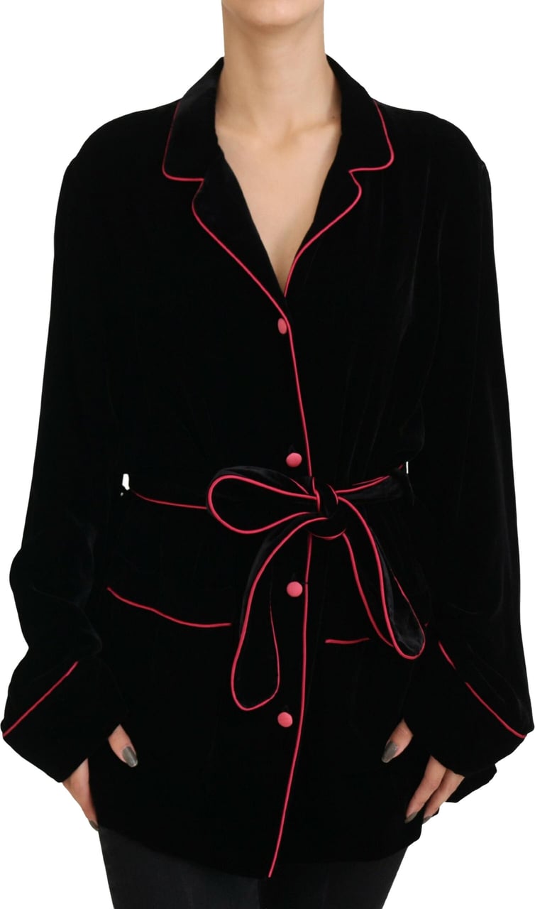 Dolce & Gabbana Black Button Belted Blazer Viscose Jacket Zwart