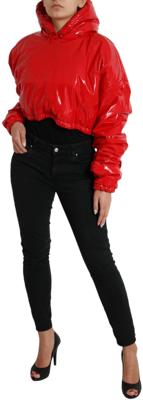 Dolce & Gabbana Shiny Red Hooded Cropped Short Coat Jacket Rood