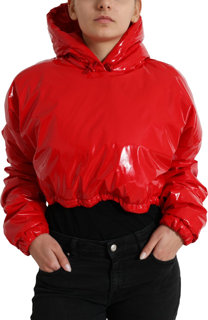 Dolce & Gabbana Shiny Red Hooded Cropped Short Coat Jacket Rood