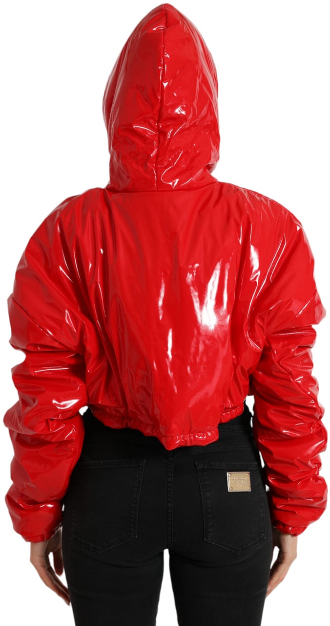 Dolce & Gabbana Shiny Red Hooded Cropped Short Coat Jacket Rood