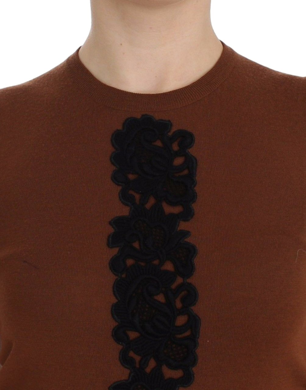 Dolce & Gabbana Brown Wool Black Lace Vest Sweater Top Beige
