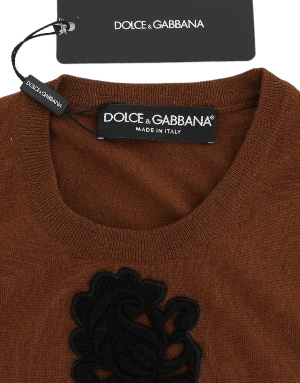 Dolce & Gabbana Brown Wool Black Lace Vest Sweater Top Beige