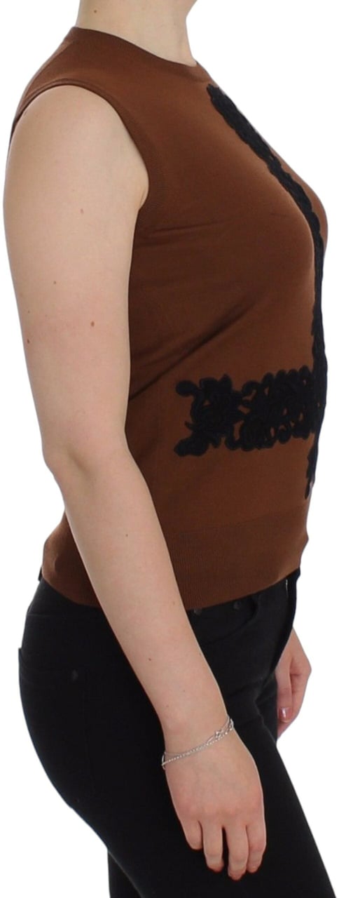 Dolce & Gabbana Brown Wool Black Lace Vest Sweater Top Beige