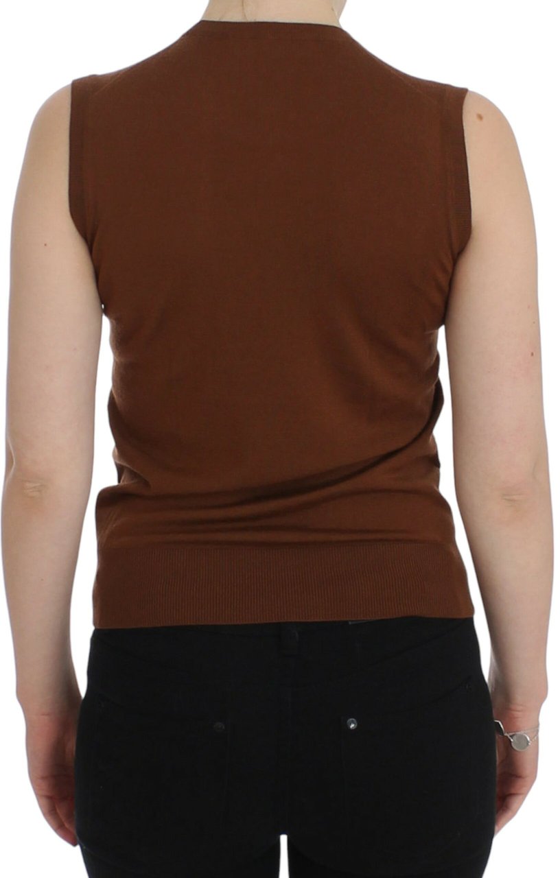 Dolce & Gabbana Brown Wool Black Lace Vest Sweater Top Beige