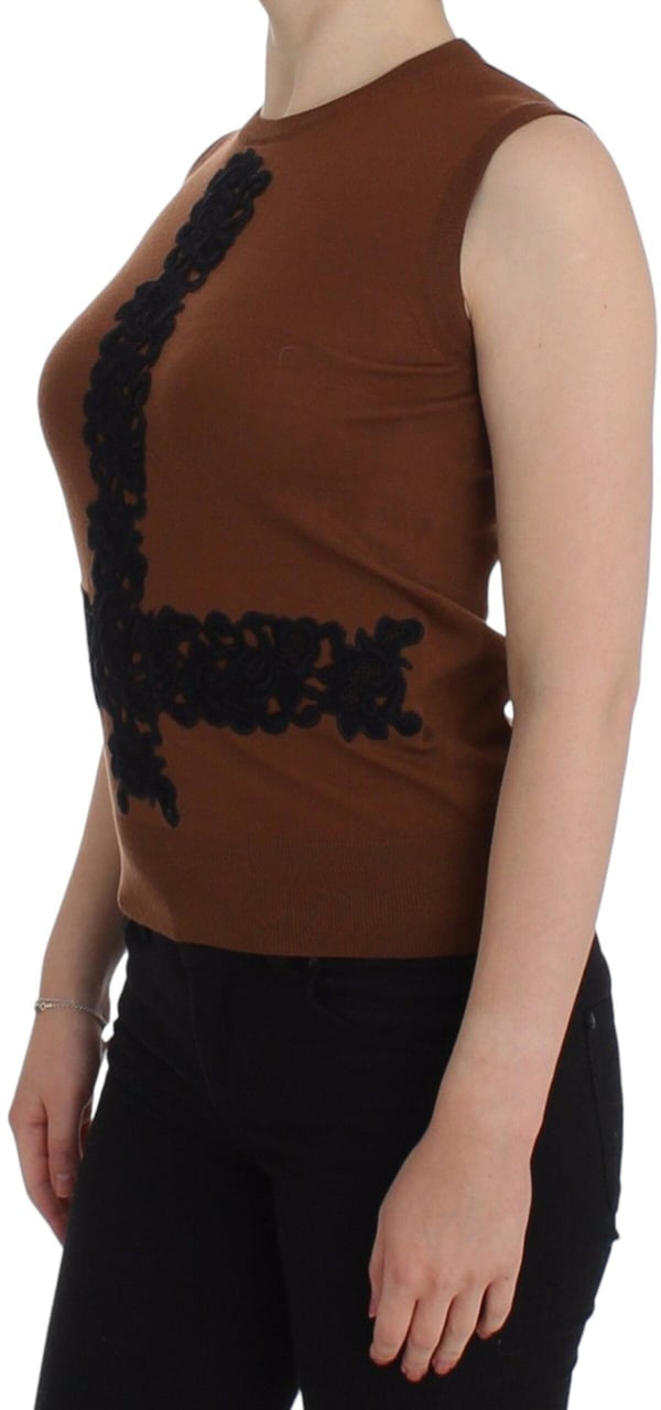 Dolce & Gabbana Brown Wool Black Lace Vest Sweater Top Beige